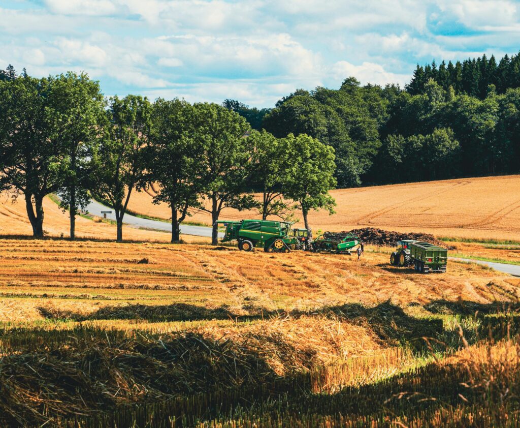 Wide view of a harvested field with trees and farming equipment in the background.