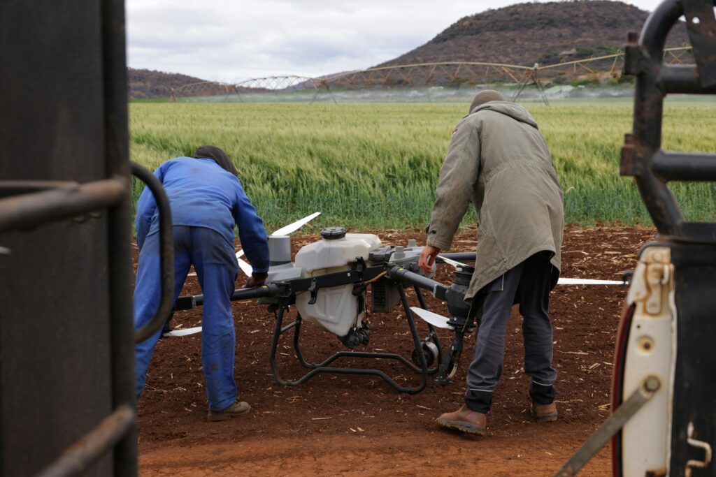 farm-tech Two farmers prepare a large agricultural drone in a field with crops and irrigation systems in the background.